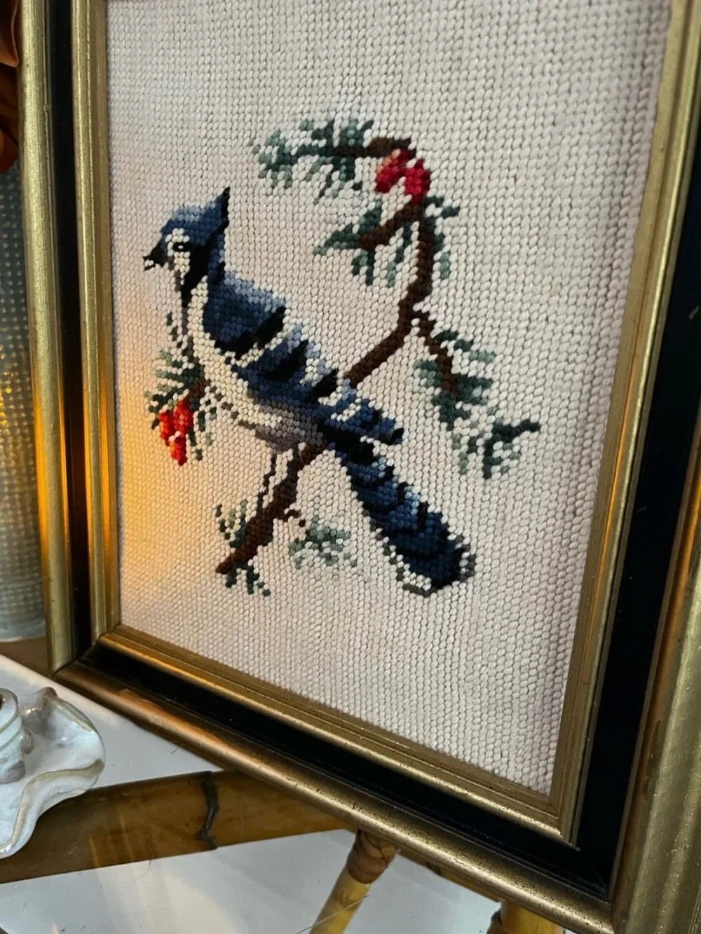 Handmade Blue Jay Cross Stitch Wall Art - Black and gold frame